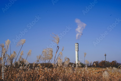 фотографія Smokestack emitting smoke into clear blue sky