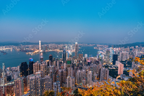 Blue hour image of Hong Kong central district view from Victoria peak