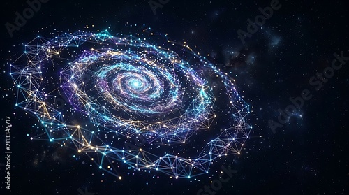 Spiral galaxy visualization formed by glowing digital nodes and network