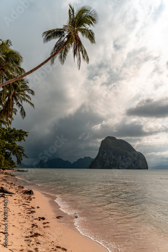 Tropical sand beach in the Philippines with palm trees and stormy back ground sky