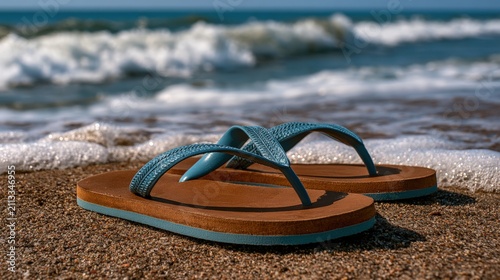 Blue flip-flops rest on warm, wet sand near gentle ocean waves