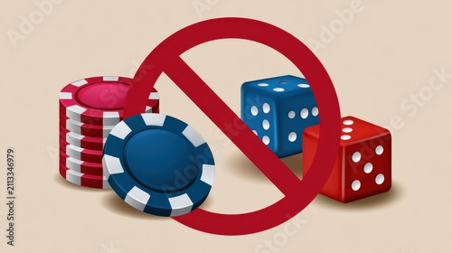Red prohibition sign crosses over poker chips and dice