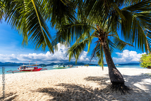 Tropical sand beach in the Philippines with palm trees and boats as a perfect holiday getaway