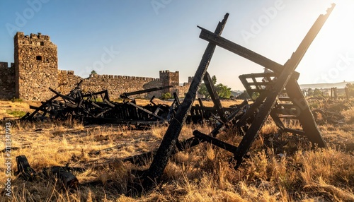 Ruins of a historic stone castle with remnants of a wooden structure damaged by fire, under a clear sky
