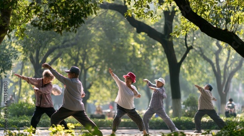Five seniors practice gentle movement in a sunlit park