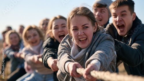 Young people pull rope with fierce determination