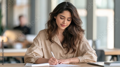 Young woman writes with focused calm