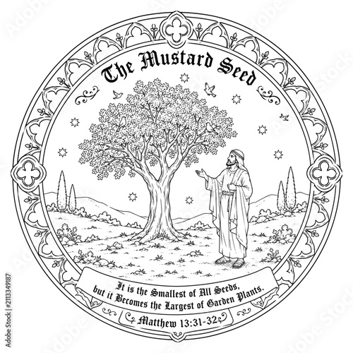 The Mustard Seed Bible Coloring Page Line Art Christian Parable Scripture Stained Glass Style Illustration