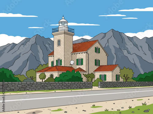 Obraz na plátně Mediterranean Style Stone Lighthouse House with Mountain Background Vector Illus