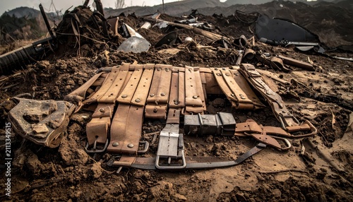 Ruins of War: Debris, Rusty Metal Fragments, and a Vintage Ammunition Belt Scattered in Barren Landscape