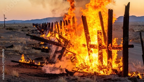 Rural fence on fire at sunset, destroying wooden structure in arid landscape during dusk with smoke and flames