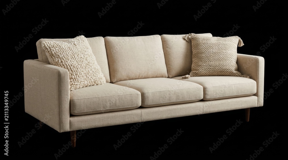 Fototapeta premium Comfortable Beige Linen Three Seater Sofa with Decorative Textured Pillows Isolated on Black Background