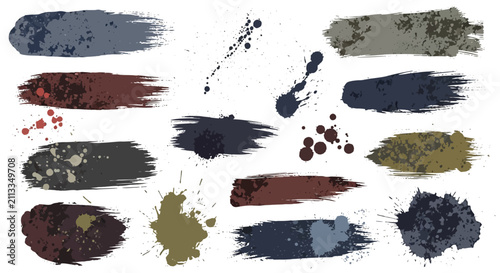 A collection of various dark paint brush strokes and ink splatters