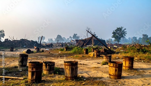 Rural scene with abandoned wooden barrels and debris in a dusty, hazy environment, suggesting poverty or an industrial wasteland