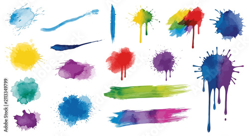 A collection of vibrant watercolor paint splashes on white background