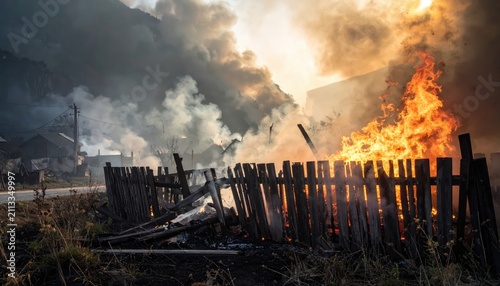 Rural property destroyed by intense house fire with billowing smoke and bright flames at sunset