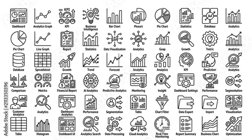 Foto A comprehensive collection of line icons representing various business intelligence, data analytics, and statistical concepts for reports and dashboards