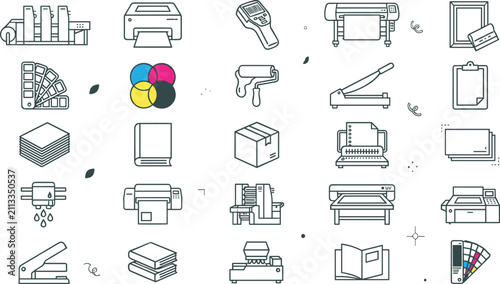 Quadro su tela Commercial printing house and typography service line icon set with offset press machinery, cmyk color wheel, plotter, paper cutter, and book binding symbols