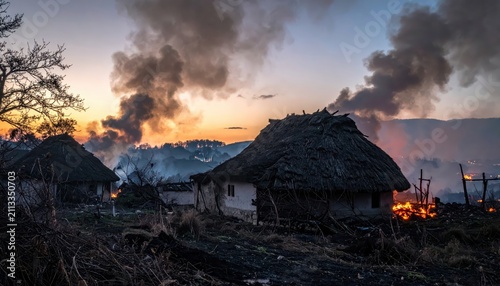 Rural village ablaze at sunset with heavy smoke rising, symbolizing disaster and destruction