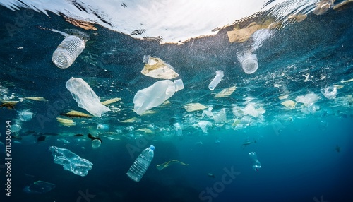 underwater plastic pollution bottles bags and debris swirling in ocean currents