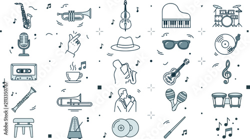 Canvas Print Live jazz music festival and acoustic concert linear icon set with saxophone, trumpet, piano keys, vintage microphone, singer, and vinyl record symbols