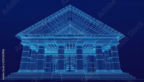 blue digital wireframe classical building structure