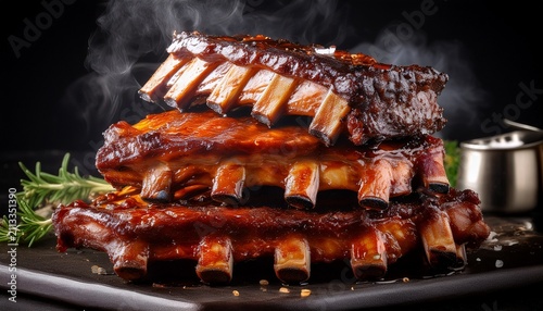 succulent grilled pork ribs stacked high with rich smoky glaze shimmering tender meat charred to perfection against a moody black backdrop charred stack gourmet