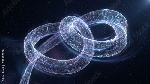 Abstract Glowing Blue Data Ribbons Floating in Cosmic Space forming a Digital Energy Loop