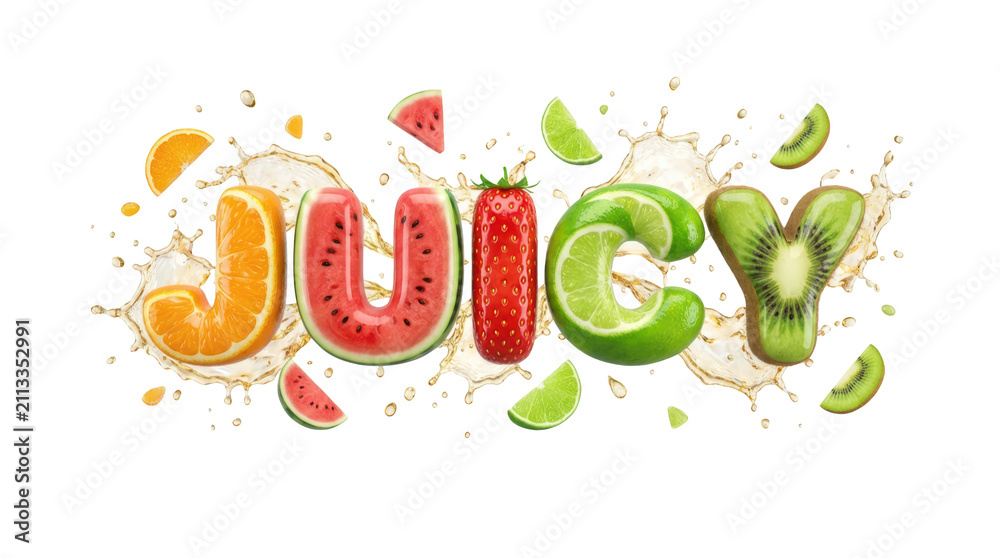 Naklejka premium Juicy word made of fresh fruits isolated on transparent background