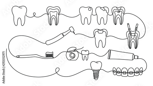Continuous line art illustration of dental care tools and tooth health.
