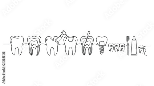 Dental treatment and oral hygiene line art icons set.