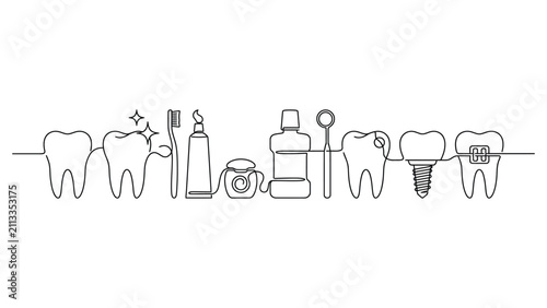 Continuous line art illustration showing various dental hygiene tools and tooth treatments.
