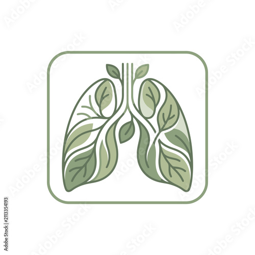 Human lungs composed of green leaves in frame.