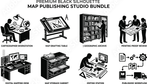 Premium Black Silhouette Map Publishing Studio Workflow Bundle with Cartography and Geographic Editing Icons.eps