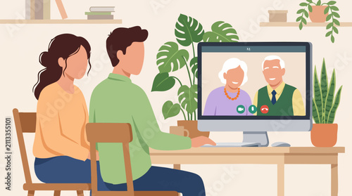 Foto Young couple video calling elderly family members on computer at home