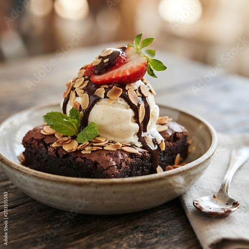 A delectable chocolate brownie, topped with a scoop of creamy vanilla ice cream, sliced strawberries, slivered almonds, and a drizzle of chocolate sauce, served in a rustic bowl with a spoon.