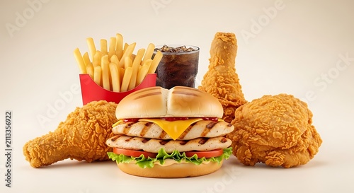 Fast food combo with grilled chicken burger, fried chicken pieces, french fries and cola