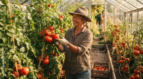 Woman in a greenhouse picking tomatoes in a fresh organic farming and gardening scene