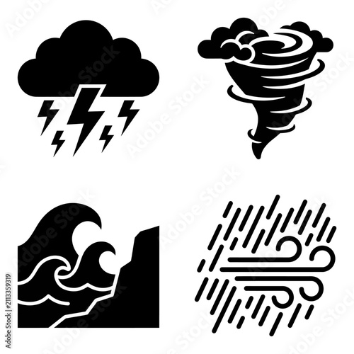 Set of Four Black and White Weather Icons Depicting Storms and Rain.