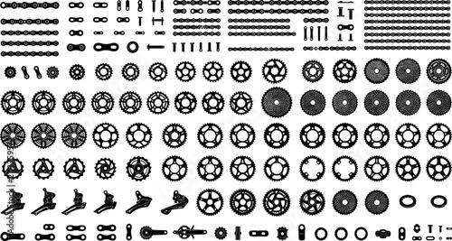 Bicycle drivetrain components silhouette set featuring metal roller chains gear cassette sprockets cranksets and derailleur mechanism parts vector illustration