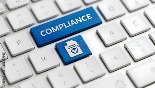 Compliance management on computer keyboard, regulatory governance concept, digital audit controls and corporate risk management technology background