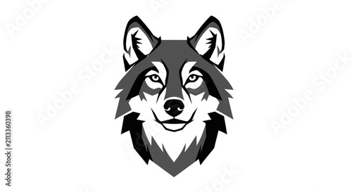 A stylized graphic illustration of a wild wolf head on a white background