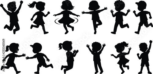 Happy children black silhouette vector collection featuring jumping running dancing playing and joyful kid activity poses
