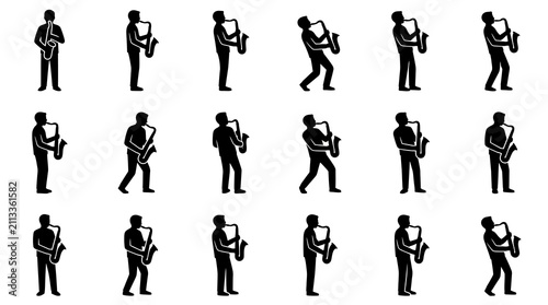 фотографія Saxophone players in various performance poses silhouettes.