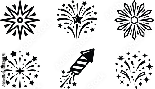 Vector fireworks icon set with rocket bursts and celebration sparks