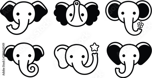 Canvas Print Cute elephant vector icons set with cartoon faces and playful trunks in black ou