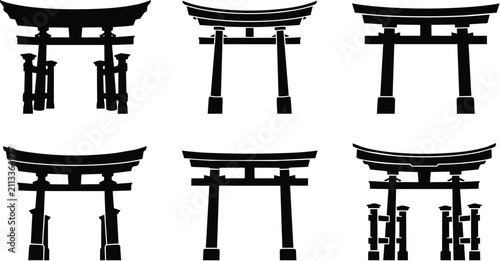 Six torii gate silhouettes in vector line art for shrine architecture