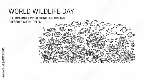 World Wildlife Day Illustration Featuring Coral Reefs and Marine Life.