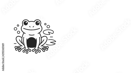 Cute cartoon frog illustration in black and white line art style.