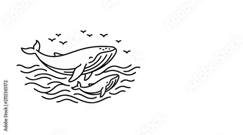Minimalist Line Art Illustration of a Mother Whale and Calf Swimming in Ocean Waves.